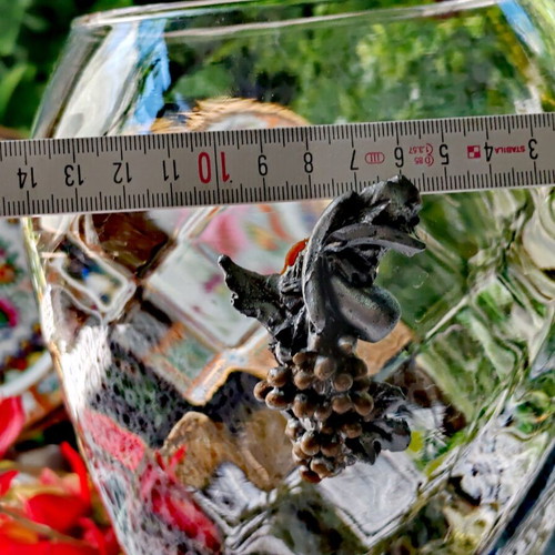 Crystal glass vase with metal grape and vine applique