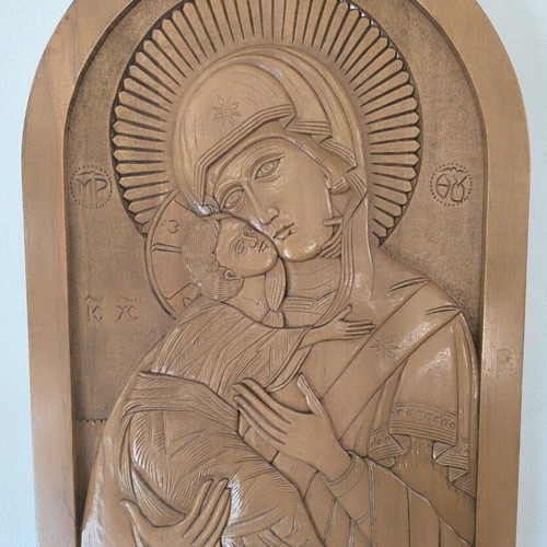 Collectible Wooden Icon Panagia Glykofilousa 86x57 cm like new