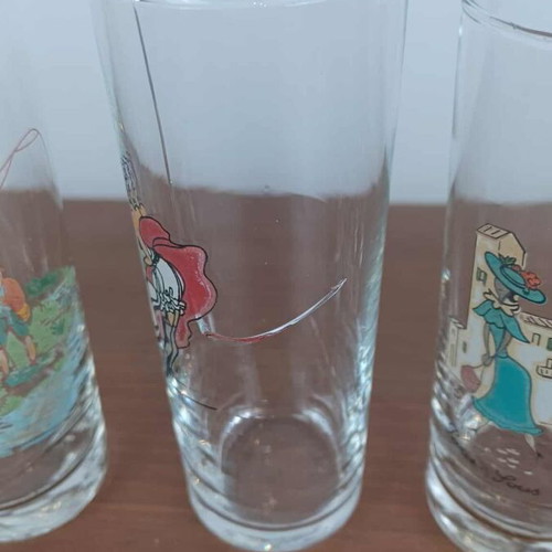 Vintage ouzo glasses used, set of 7 with one broken