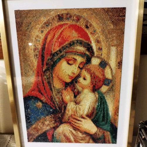 Handmade Diamond Painting Icon of Virgin Mary with Christ Child new with frame