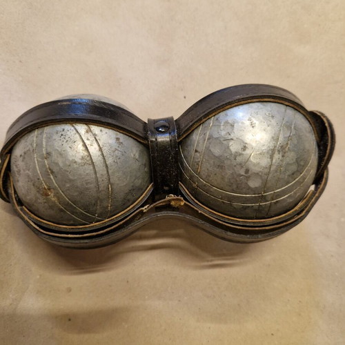 Petanque balls French game heavy metal, used with surface scratches