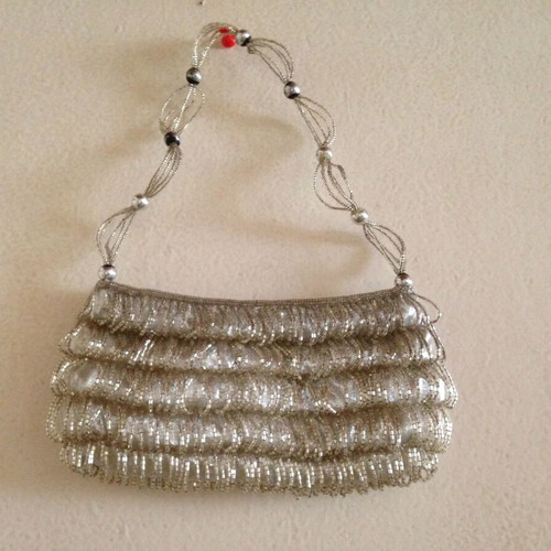 Vintage evening bag used, silver with beads