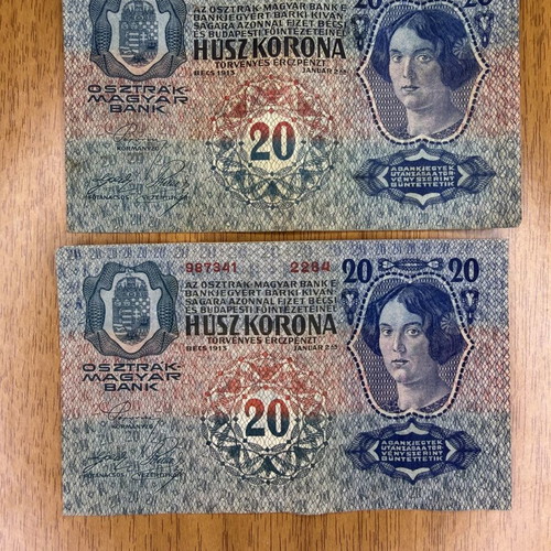 Lot of 2 Austro-Hungarian 20 Kronen banknotes 1913