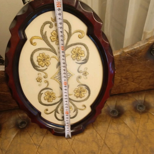Oval wooden antique tray with handmade embroidery, like new