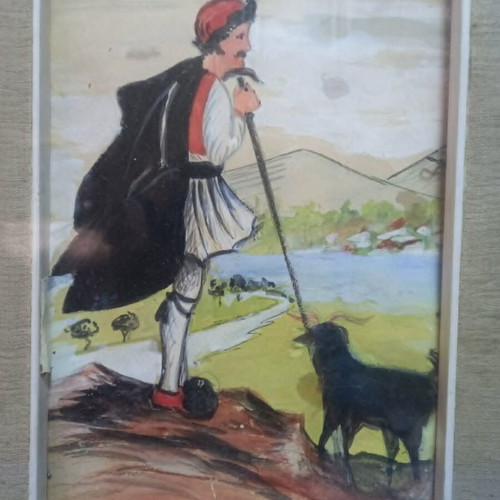 Vintage painting of Greek shepherd with dog framed, used