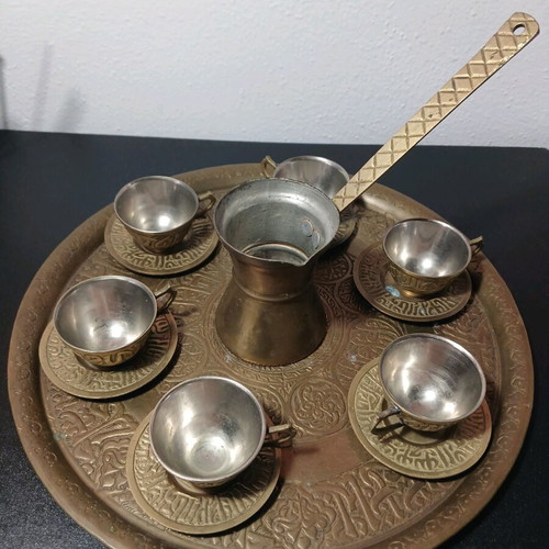 Coffee set bronze vintage used, 6 cups, saucers and briki