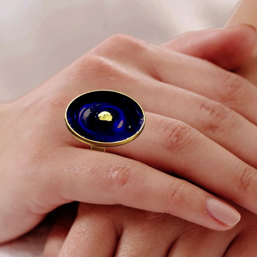 Adjustable ring new, steel, gold color with blue enamel