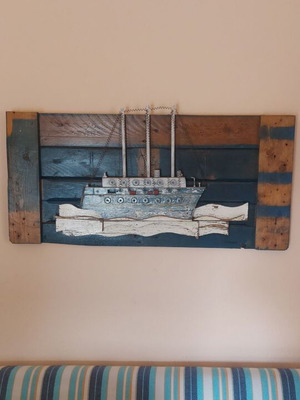 Decorative Wall Ship from Recycled Wood and Acrylic Paints 120x56cm New