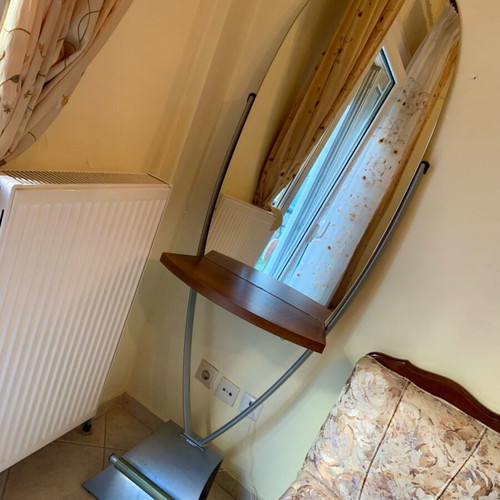 Hair Salon Console Mirrors like new, modern, with wooden shelf and metal base, 2 pcs