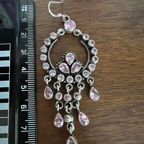 Silver chandelier earrings used with pink semi-precious stones