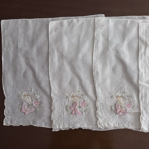 Set of 5 white square napkins with pink butterfly embroidery, new