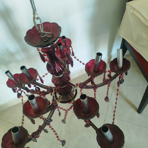 Red chandelier with crystals used, classic ceiling light