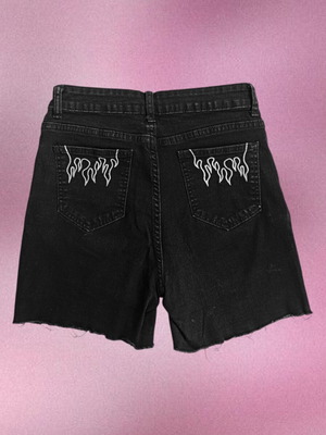 Shein biker denim shorts with flame embroidery like new, black and white, size M