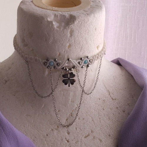 Handmade choker with steel elements, new, 32-37cm, white and silver