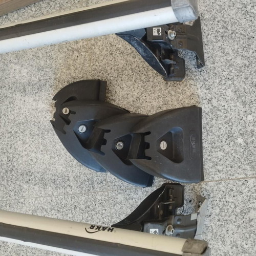 Car Roof Bars set used, aluminum Hakr with snowboard and bike mounts