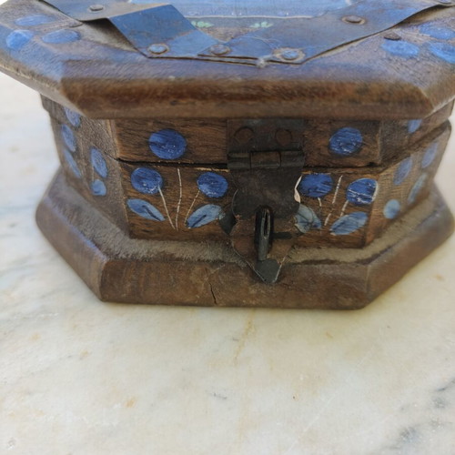 Wooden hexagonal box with handpainted vintage design