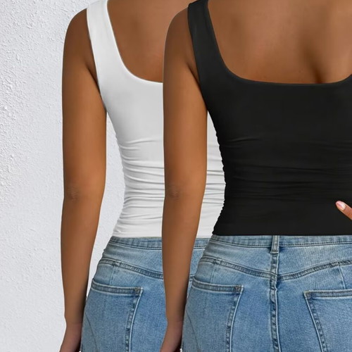 Women's fitted top with square neckline, new, set of 2 black and white