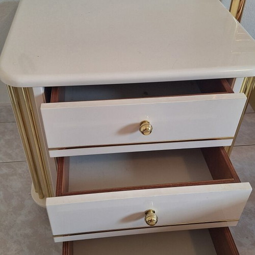 Vintage 90s metal double bed and 2 wooden bedside tables, Zakhar factory