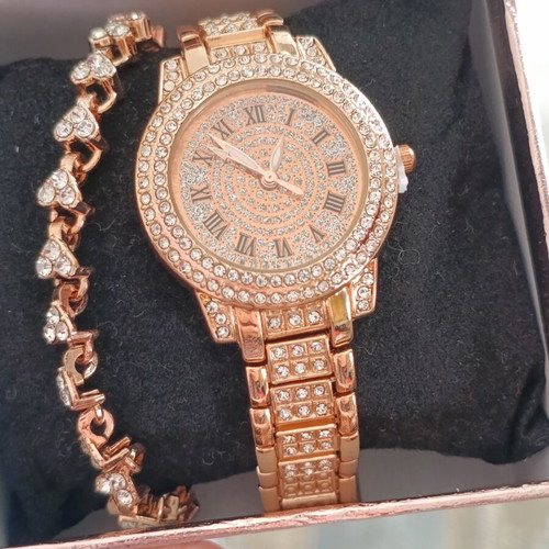 Women's rose gold watch with rhinestones and matching bracelet new