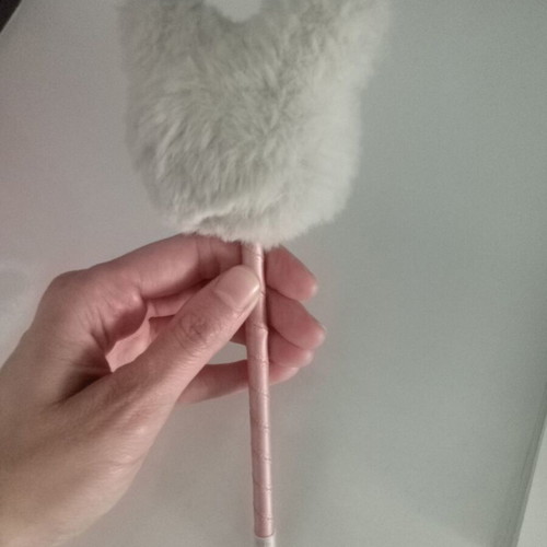 Pen with fluffy teddy bear new, blue ink with pink ribbon