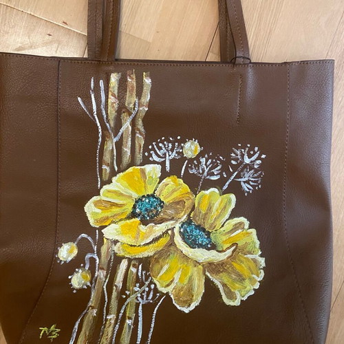 Painted bag with yellow poppies new, brown, large capacity 40x45