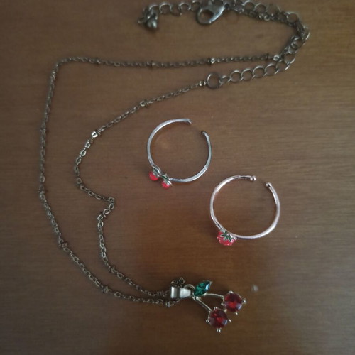 Jewelry set used with necklace and two rings with cherries and strawberry