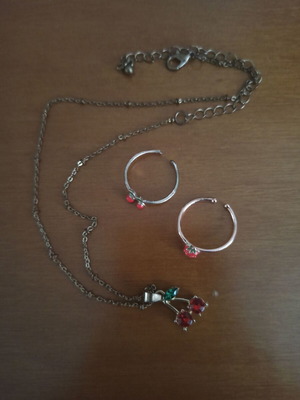 Jewelry set used with necklace and two rings with cherries and strawberry