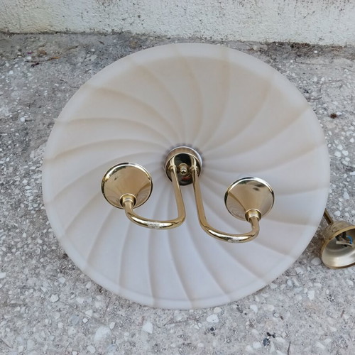 Glass ceiling light with 2 lamps, like new, ecru color, brass base