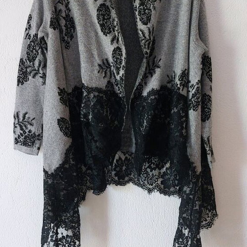 Gray viscose cardigan with black lace asymmetrical like new, one size