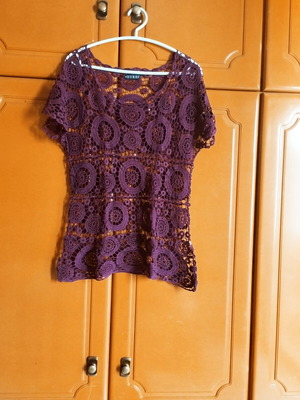 Machine-knit short-sleeve blouse, red, one size