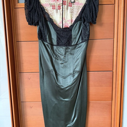 Roberto Cavalli midi dress used, dark green with black lace, elastic fabric