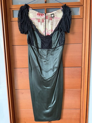 Roberto Cavalli midi dress used, dark green with black lace, elastic fabric