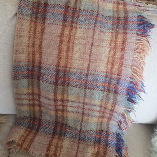 Vintage Pastel Plaid Wool Throw Blanket used with Fringed Edges
