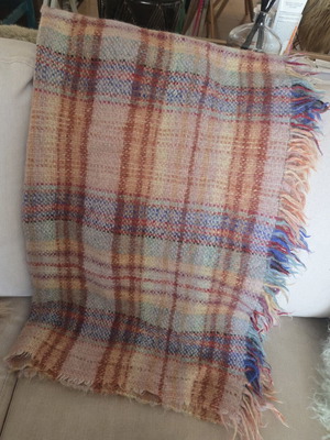 Vintage Pastel Plaid Wool Throw Blanket used with Fringed Edges
