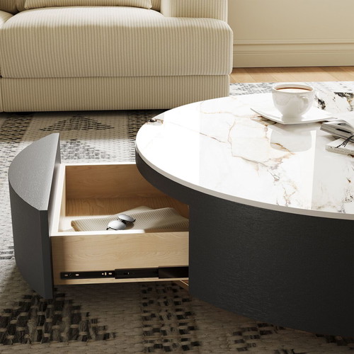 Modern coffee table with oak veneer and sintered stone top, new