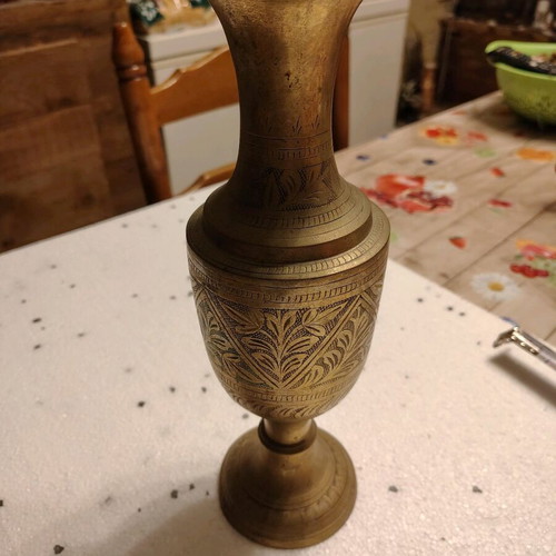 Antique Engraved Brass Vase Restored