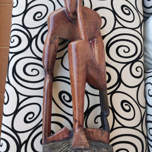 Wooden sculpture man thinking used, large handmade