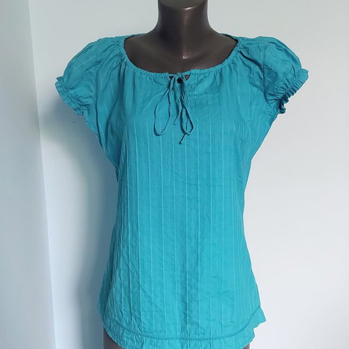 Amisu turquoise cotton tunic blouse with puff sleeves