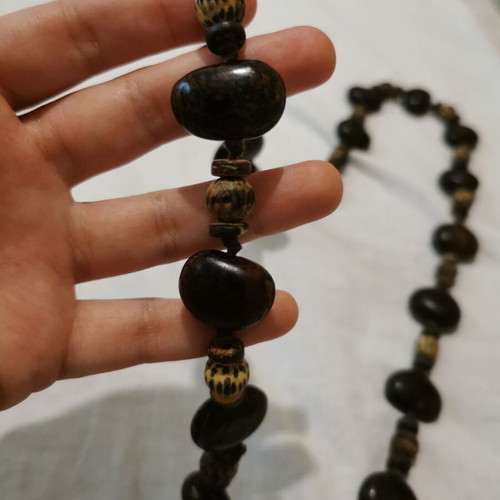 Wooden necklace with ethnic beads like new, dark brown color