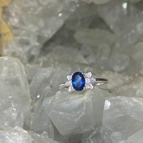 Handmade silver ring with natural blue sapphire and moissanites size 6