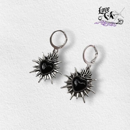 Love X Poison Handmade Stainless Steel Silver Hoop Earrings with Spiked Sunburst Heart Charms