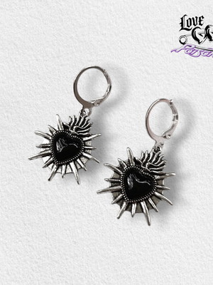Love X Poison Handmade Stainless Steel Silver Hoop Earrings with Spiked Sunburst Heart Charms