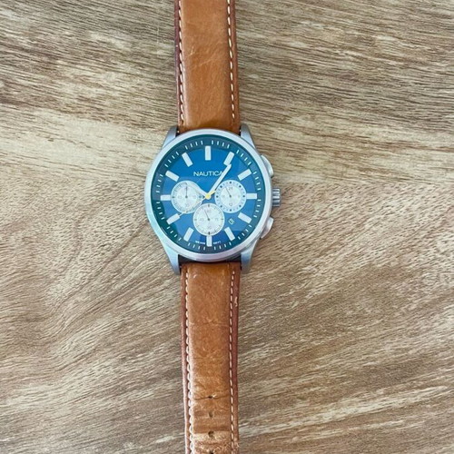 Nautica Chronograph men's watch with blue dial and brown leather strap like new