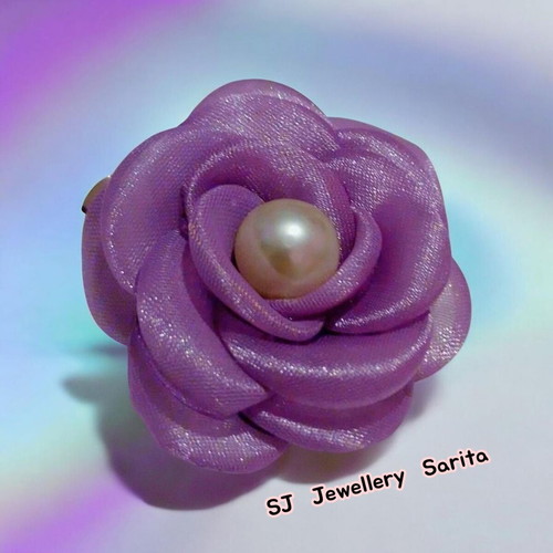Textile brooch purple rose new with white pearl accent