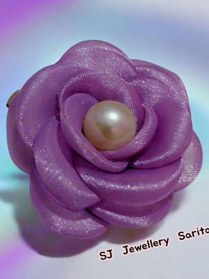 Textile brooch purple rose new with white pearl accent