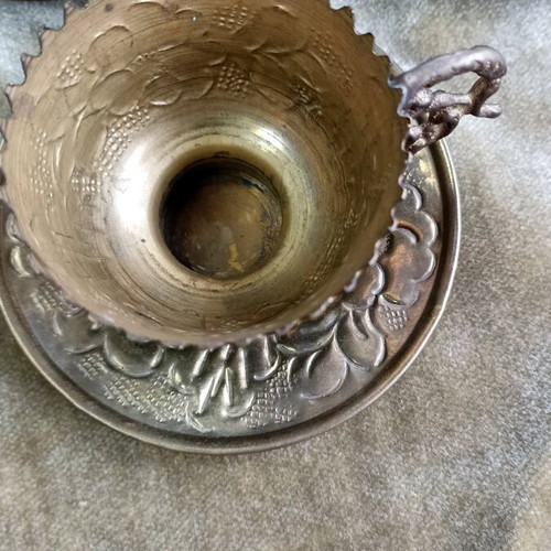 Bronze coffee set used, 5 cups with 5 saucers, silver-plated tray