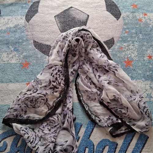 Floral scarf like new in white, purple and black shades with lace trim