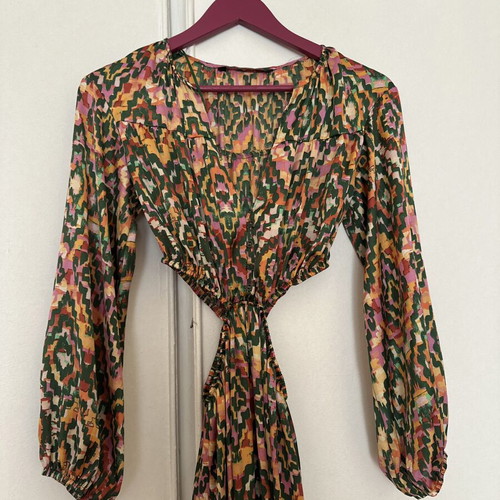 Zara multicolor geometric dress with cut-out waist and long sleeves