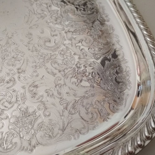 Serving tray used, stainless steel vintage with embossed design 39x28.5 cm