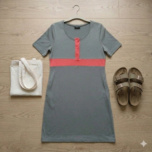 Dina khaki dress XL with short sleeves and decorative buttons like new